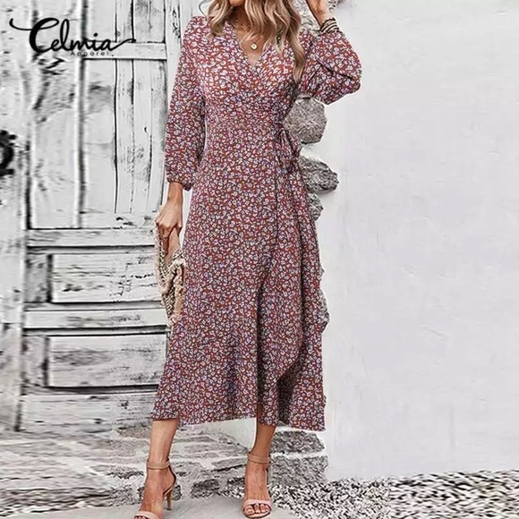 Boho summer lounge wrap long sleeve dress - Picture 2 of 3